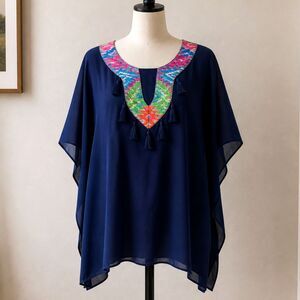 Elaine Turner Navy Embroidered Tassel Blouse | Sheer Tunic Top Size Small NWT